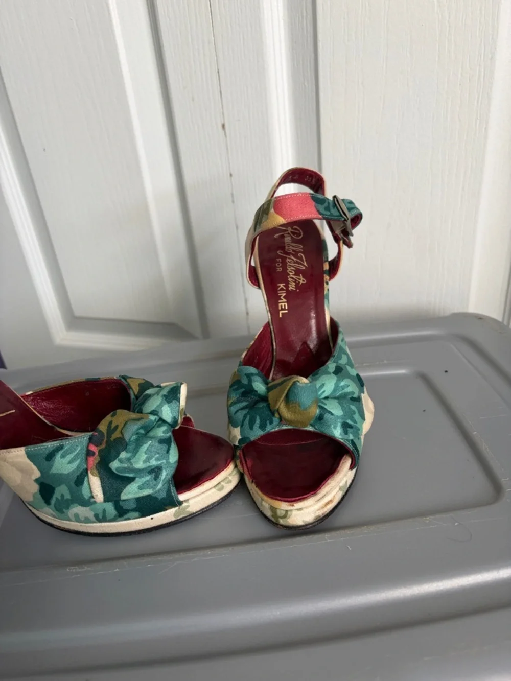 VINTAGE Rinaldo Felsotini Teal, Burgundy & Cream Floral Knot Block Heels - Picture 3 of 8
